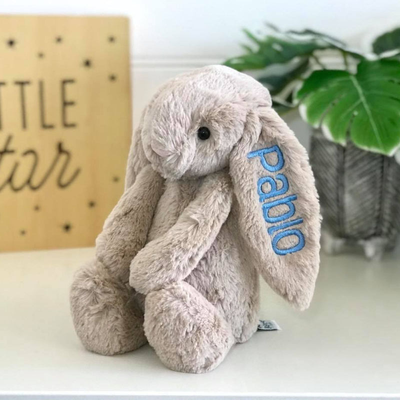 Personalised Jellycat Bashful Bunny Beige Australia, embroidered with blue name on ear