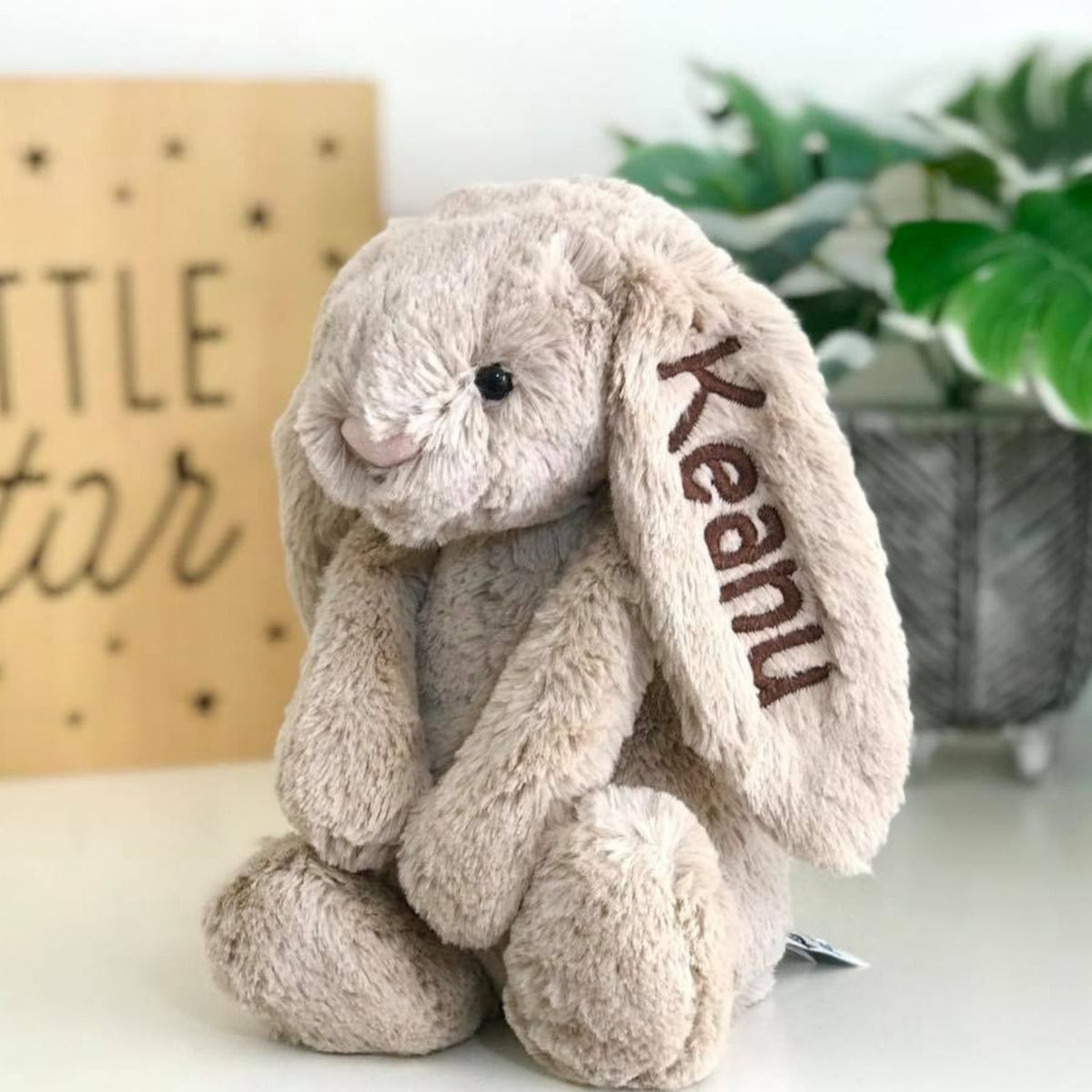 Personalised Jellycat Bashful Bunny Beige Australia, embroidered with brown name on ear