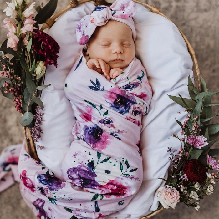 Snuggle Hunny Jersey Wrap & Topknot Set | Floral Kiss