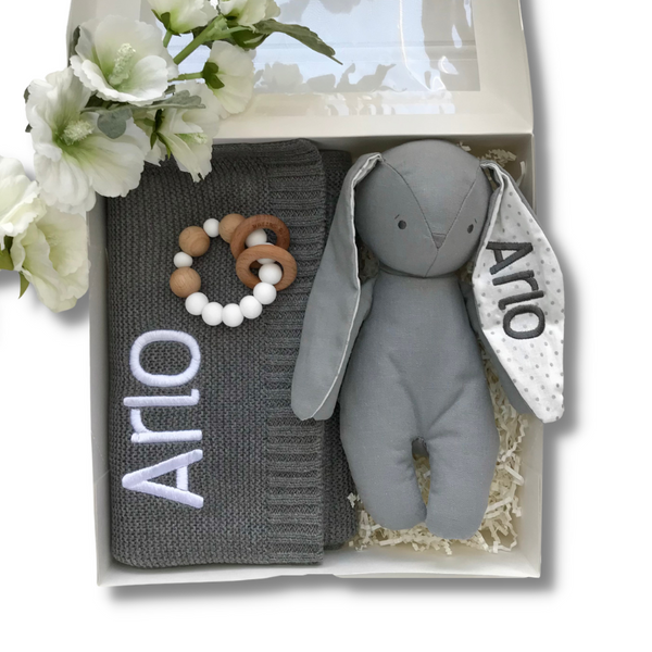 Personalised Alimrose Bobby Bunny & Blanket Newborn Gift Hamper Australia