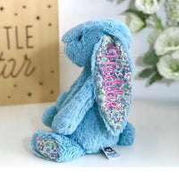 personalised bunny australia,  aqua blossom jellycat with pink name embroidered on ear